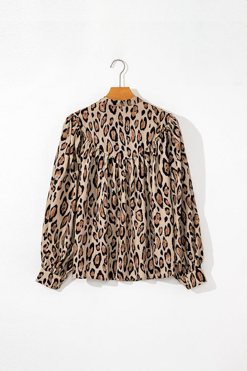 Leopard Print Balloon Sleeve Button Front Woven Blouse