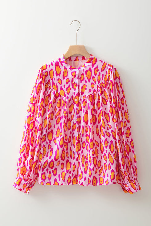 Leopard Print Balloon Sleeve Button Front Woven Blouse