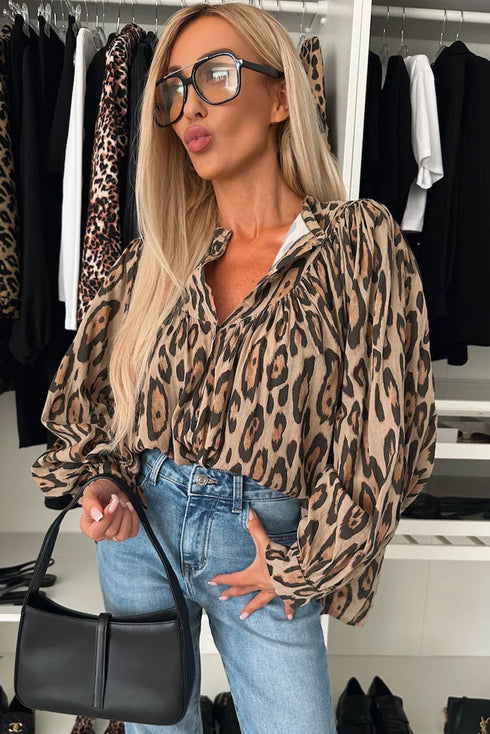 Leopard Print Balloon Sleeve Button Front Woven Blouse