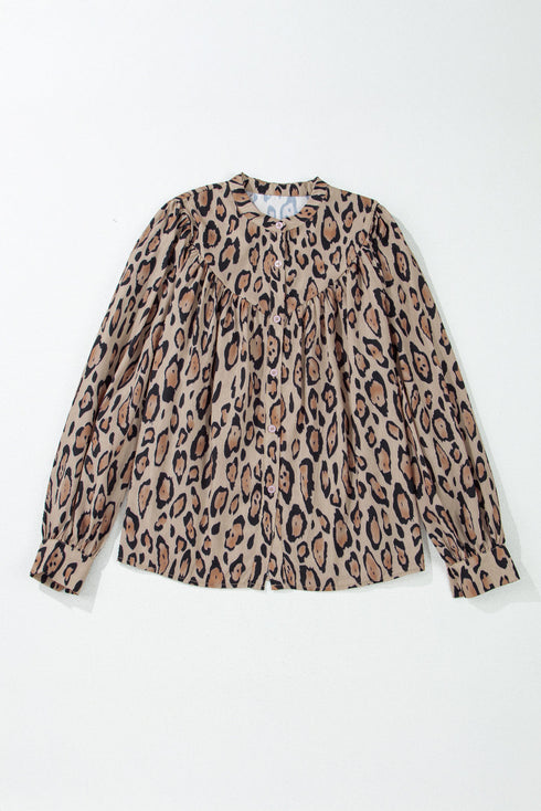 Leopard Print Balloon Sleeve Button Front Woven Blouse