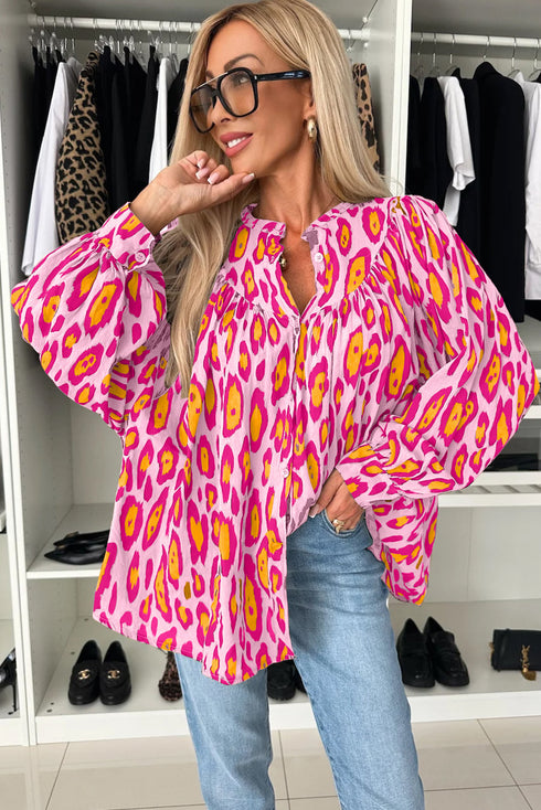 Leopard Print Balloon Sleeve Button Front Woven Blouse