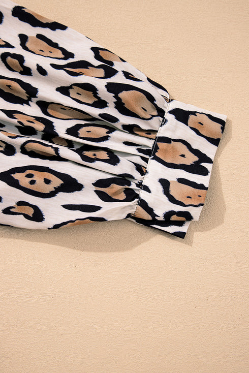 Leopard Print Balloon Sleeve Button Front Woven Blouse