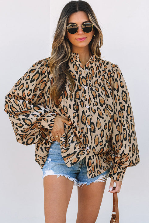 Leopard Print Balloon Sleeve Button Front Woven Blouse