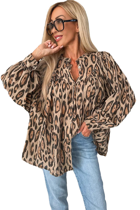 Leopard Print Balloon Sleeve Button Front Woven Blouse