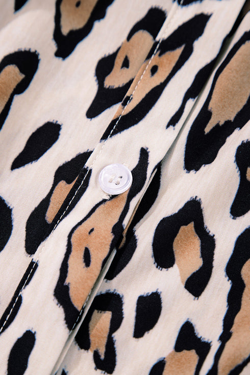 Leopard Print Balloon Sleeve Button Front Woven Blouse