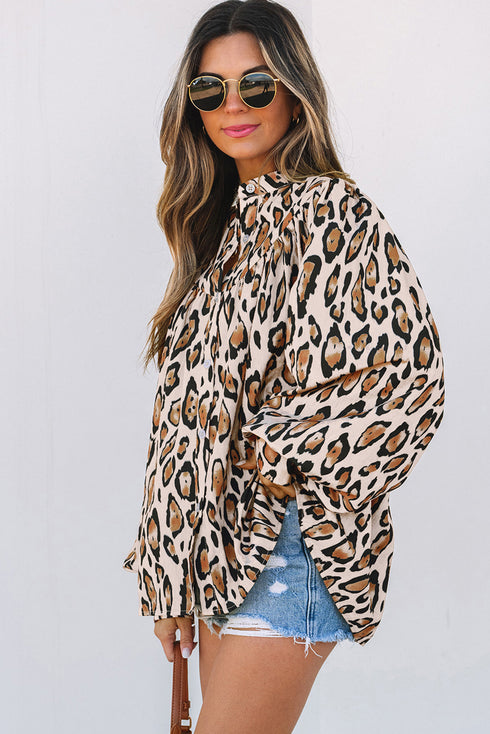Leopard Print Balloon Sleeve Button Front Woven Blouse