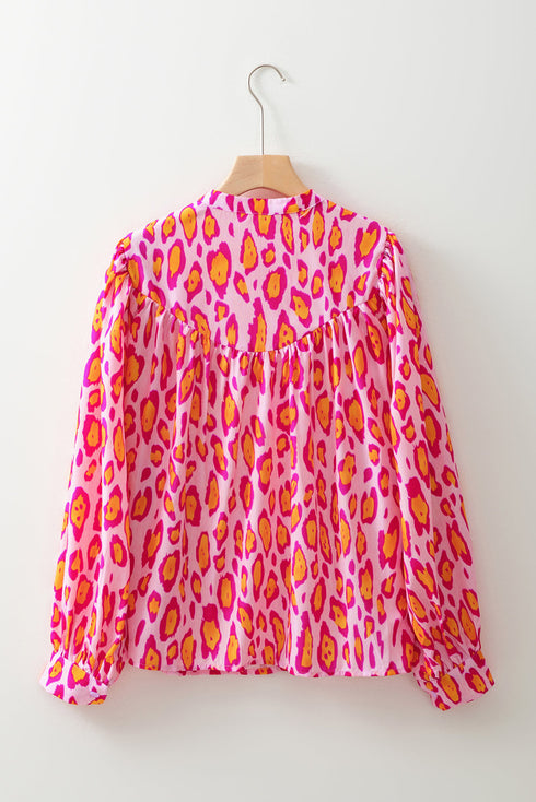 Leopard Print Balloon Sleeve Button Front Woven Blouse