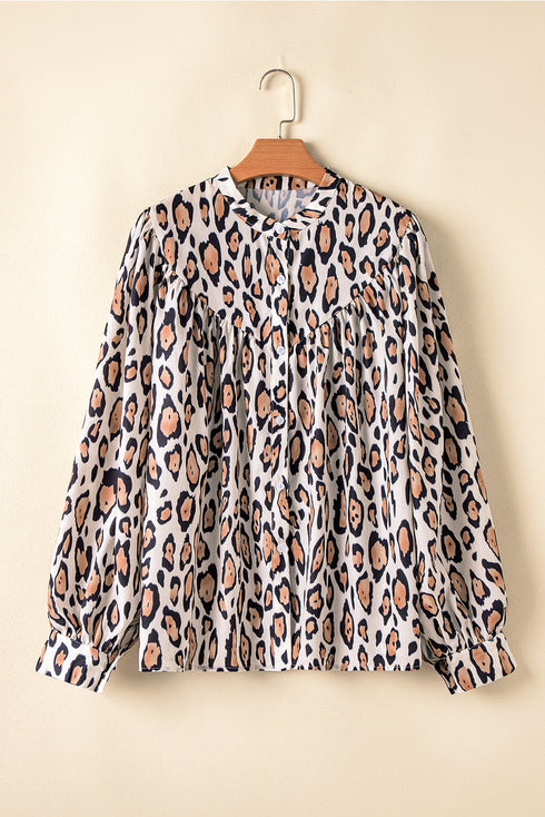 Leopard Print Balloon Sleeve Button Front Woven Blouse