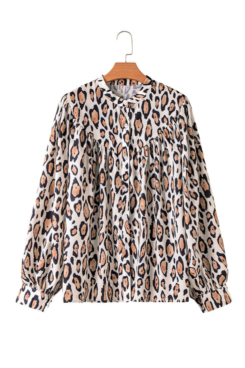 Leopard Print Balloon Sleeve Button Front Woven Blouse