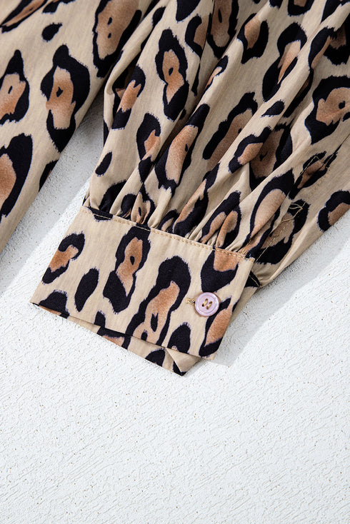 Leopard Print Balloon Sleeve Button Front Woven Blouse