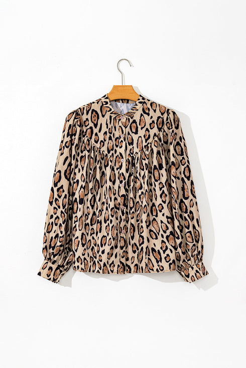 Leopard Print Balloon Sleeve Button Front Woven Blouse