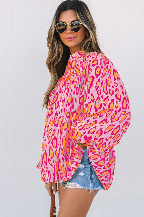 Leopard Print Balloon Sleeve Button Front Woven Blouse