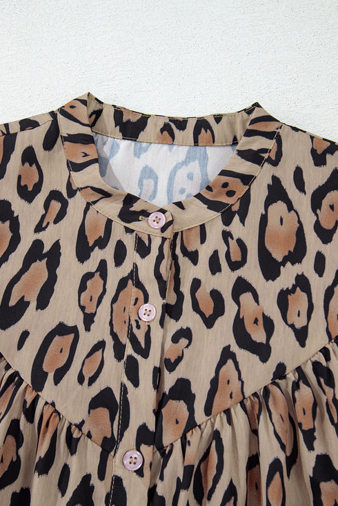 Leopard Print Balloon Sleeve Button Front Woven Blouse