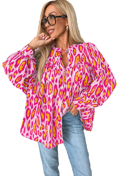 Leopard Print Balloon Sleeve Button Front Woven Blouse