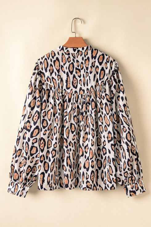 Leopard Print Balloon Sleeve Button Front Woven Blouse