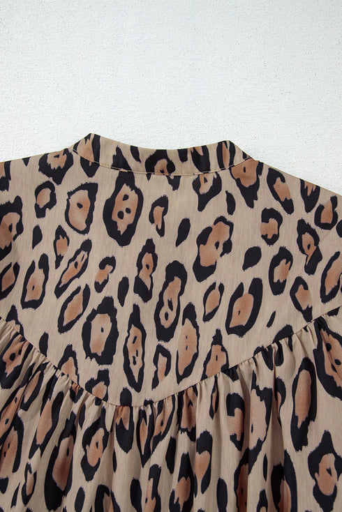 Leopard Print Balloon Sleeve Button Front Woven Blouse
