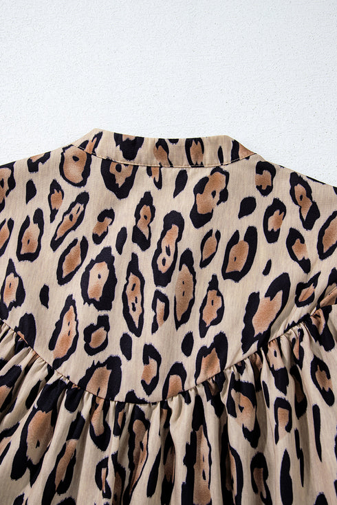 Leopard Print Balloon Sleeve Button Front Woven Blouse