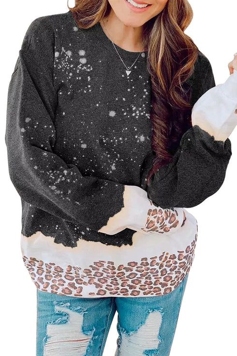 Leopard Print Bleached Effect Casual Pullover Sweatshirt