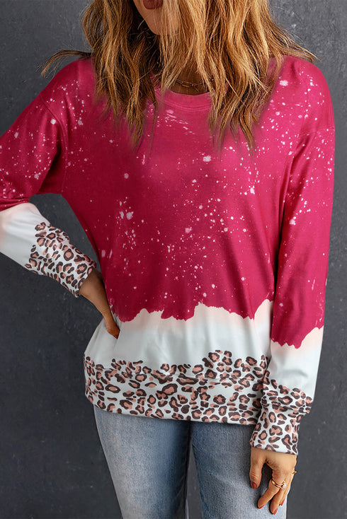 Leopard Print Bleached Effect Casual Pullover Sweatshirt