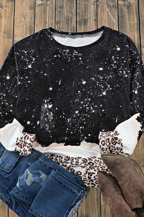 Leopard Print Bleached Effect Casual Pullover Sweatshirt