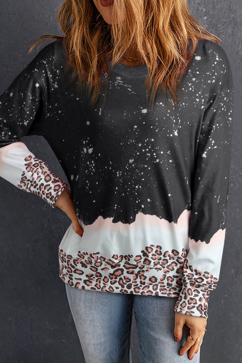 Leopard Print Bleached Effect Casual Pullover Sweatshirt