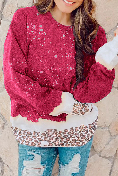 Leopard Print Bleached Effect Casual Pullover Sweatshirt
