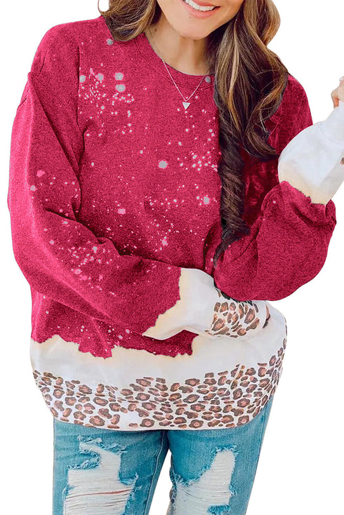 Leopard Print Bleached Effect Casual Pullover Sweatshirt