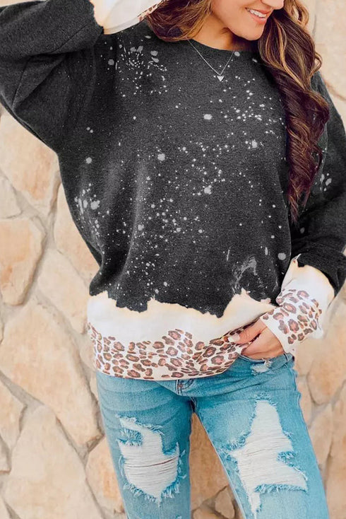 Leopard Print Bleached Effect Casual Pullover Sweatshirt