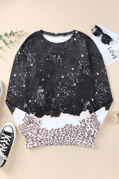Leopard Print Bleached Effect Casual Pullover Sweatshirt