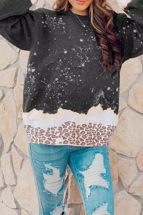 Leopard Print Bleached Effect Casual Pullover Sweatshirt