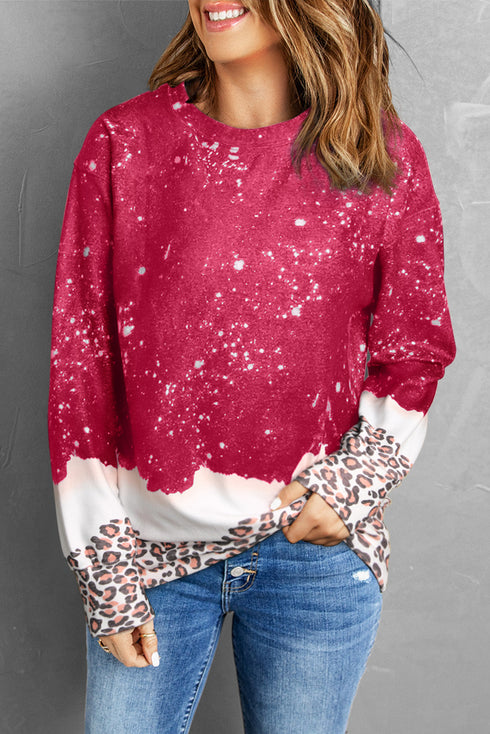 Leopard Print Bleached Effect Casual Pullover Sweatshirt