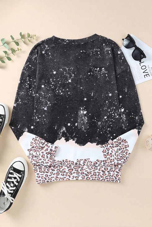 Leopard Print Bleached Effect Casual Pullover Sweatshirt