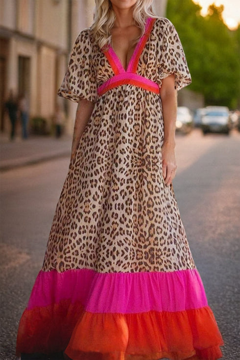 Leopard Print Blocked Trim Puff Sleeve Dress