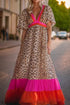 Leopard Print Blocked Trim Puff Sleeve Dress