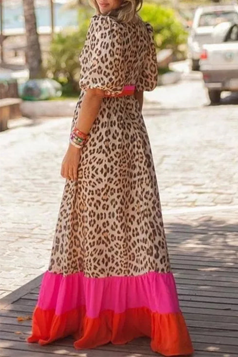 Leopard Print Blocked Trim Puff Sleeve Dress
