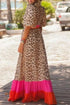 Leopard Print Blocked Trim Puff Sleeve Dress