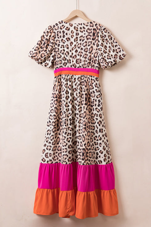 Leopard Print Blocked Trim Puff Sleeve Dress