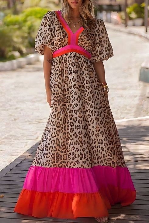 Leopard Print Blocked Trim Puff Sleeve Dress