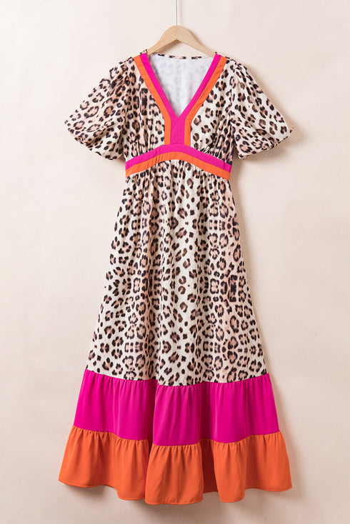 Leopard Print Blocked Trim Puff Sleeve Dress