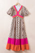 Leopard Print Blocked Trim Puff Sleeve Dress