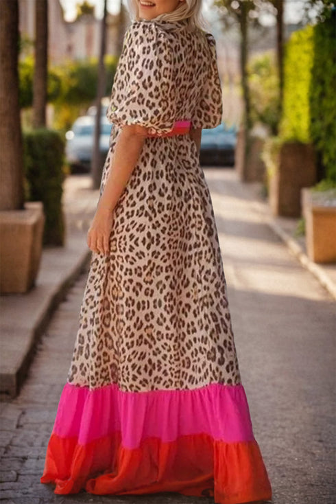 Leopard Print Blocked Trim Puff Sleeve Dress