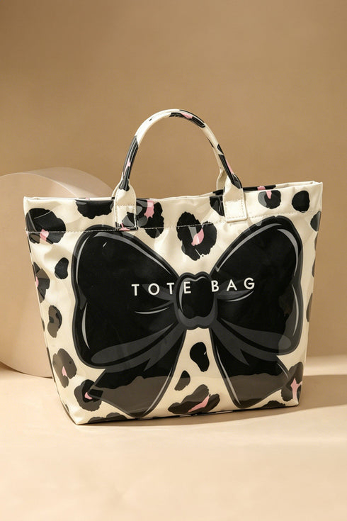 Leopard Print Bow Detail Sleek Structured Tote Handbag