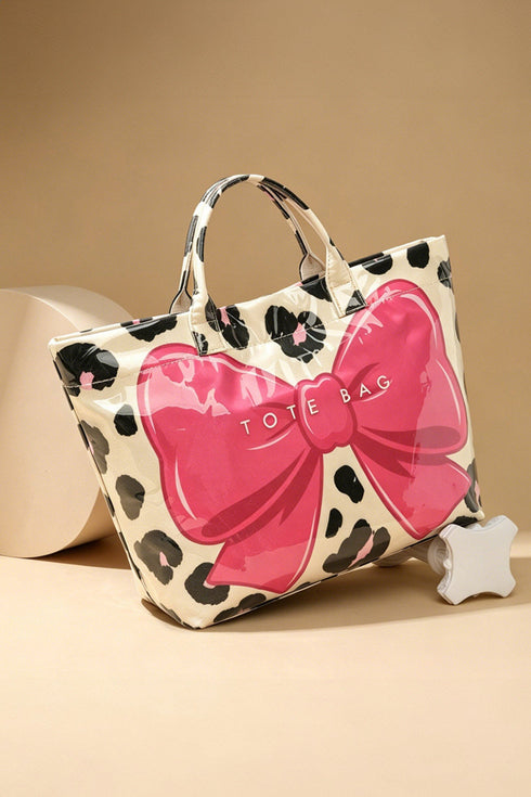 Leopard Print Bow Detail Sleek Structured Tote Handbag
