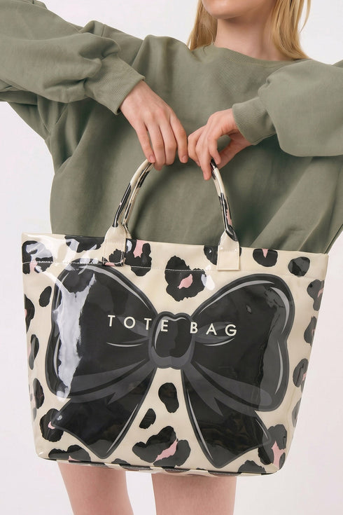 Leopard Print Bow Detail Sleek Structured Tote Handbag