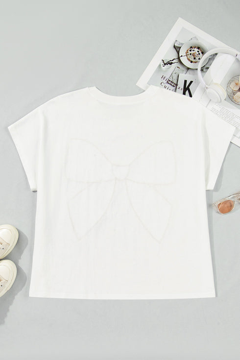 Leopard Print Bow Embroidered Patch Casual Tee