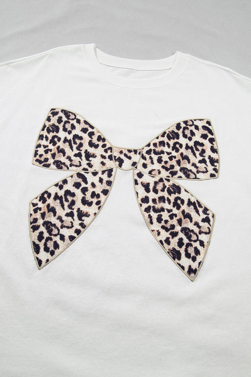 Leopard Print Bow Embroidered Patch Casual Tee