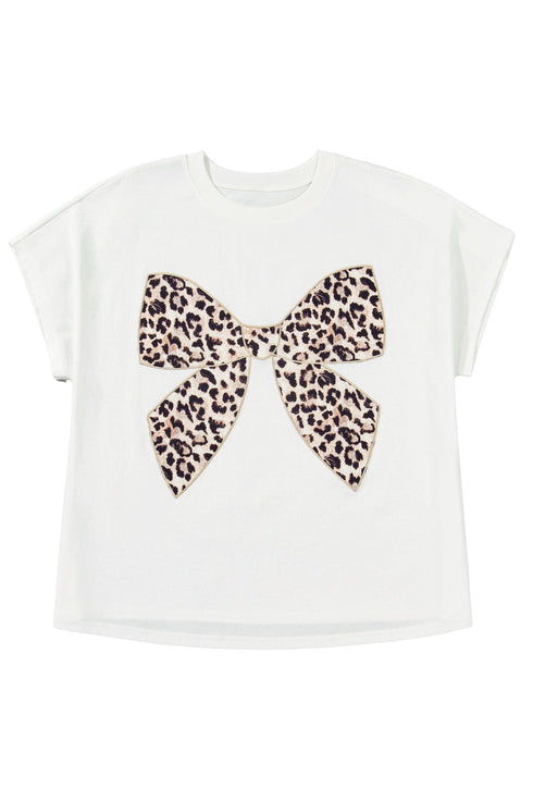 Leopard Print Bow Embroidered Patch Casual Tee