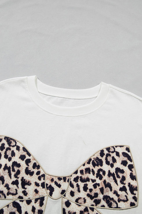 Leopard Print Bow Embroidered Patch Casual Tee