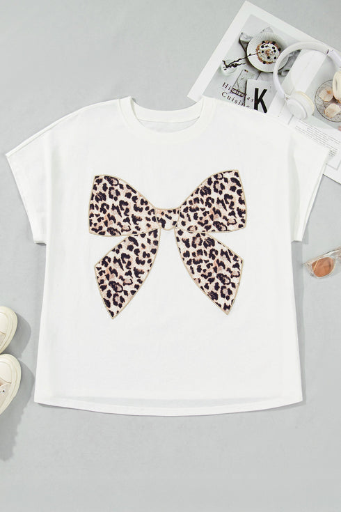 Leopard Print Bow Embroidered Patch Casual Tee