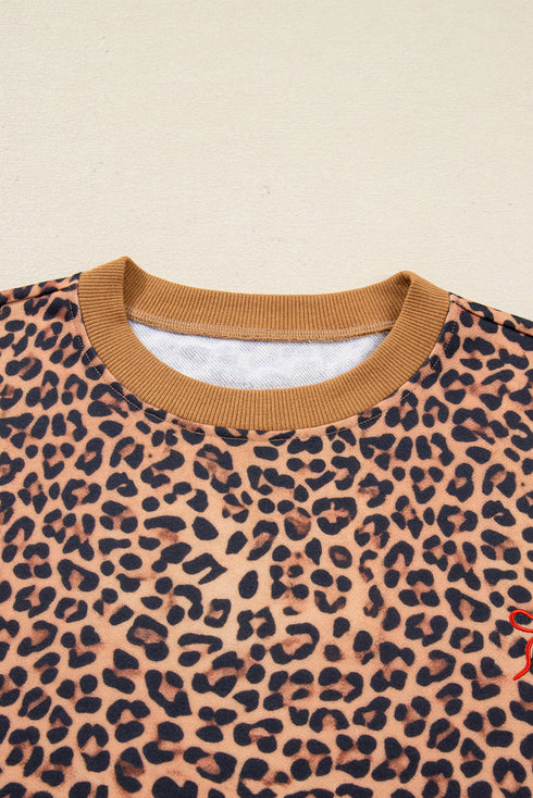Leopard Print Bow Embroidery Wide Leg Pullover Pant Set
